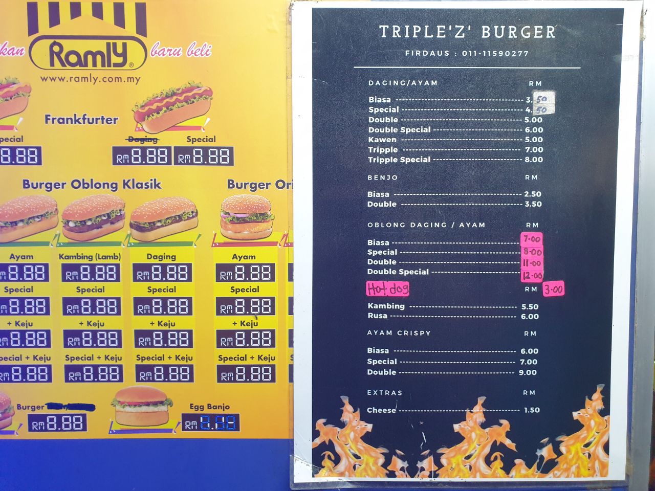 Gambar menu di gerai burger Taman Universiti yang menunjukkan pelbagai pilihan burger seperti daging lembu, ayam, kambing, dan burger ayam crispy.