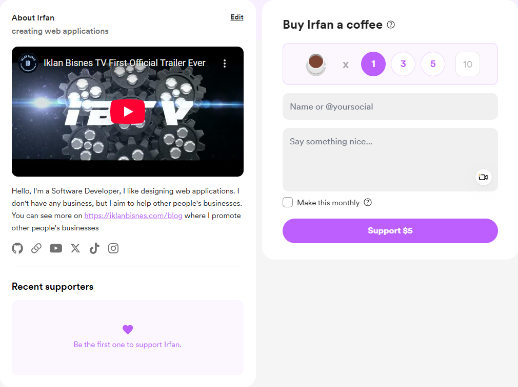 screenshot of buy irfan a coffee page